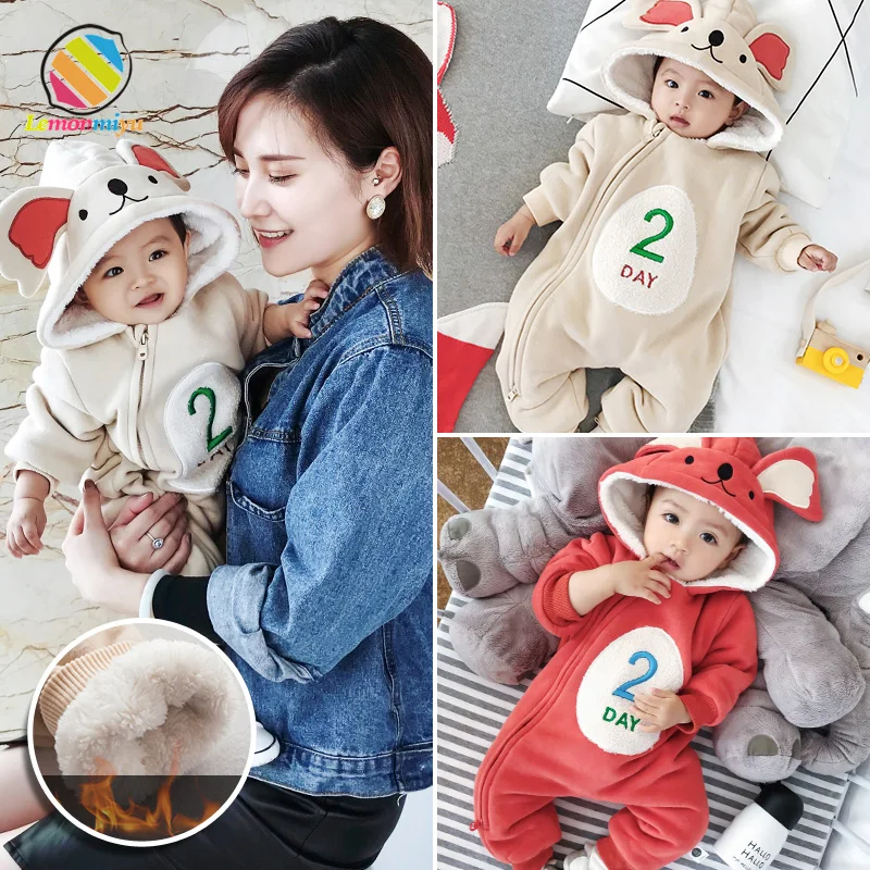 

Lemonmiyu Baby Winter Overalls For Newborn Warm Thicken Zipper Children's One-Piece Cartoon Bear Hooded Plus Velvet Baby Rompers
