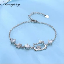 Anenjery 925 пробы серебряный браслет милый кот CZ цветок браслеты для женщин pulseira S-B124