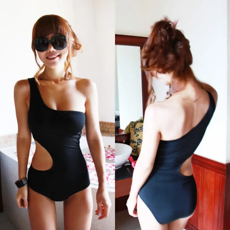 

2019 Sexy Womens One Shoulder One-Piece Suits Swimsuit Padded Bodycon Bikini Mesh Swim Suit Hollow Solid Black Beachwear