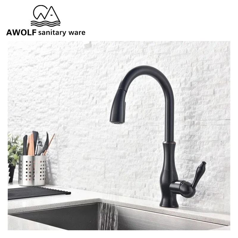 

Pull Out Kitchen Faucet Solid Brass 360 Degree Swivel Two Function Mixer Tap Black Shiny Gold Deck Mounted Single Handle ML8067