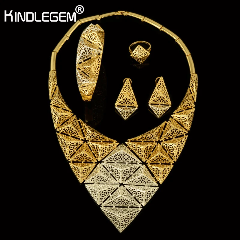 

Kindlegem Designer Fine Jewelry Exquisite Silver Gold Color 3D Triangle Big Statement Necklace Earrings Bracelet Ring Sets