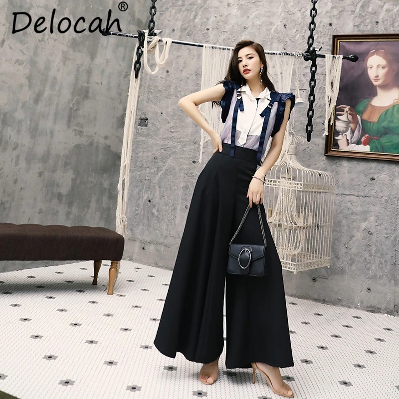 Delocah женский летний костюм в винтажном стиле для подиума, модный топ без рукавов с оборками и полосатым принтом + элегантные широкие длинные