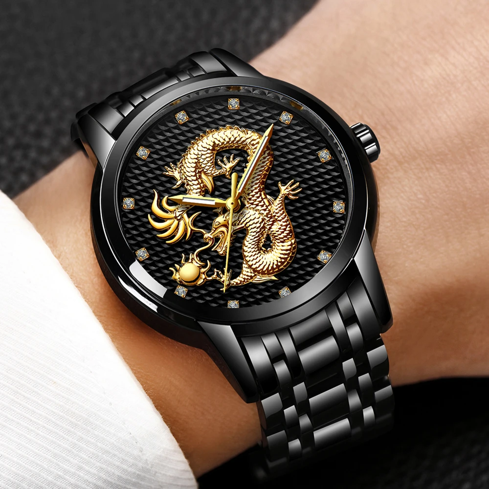 2018 Men Watches Top Brand LIGE Luxury Gold Dragon Sculpture Quartz Watch Men Full Steel Waterproof Wristwatch relogio masculino