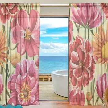 

Sheer Door Curtain Panels W55x L78 Inch/55x L84 Inch,Pink Yellow Flowers Floral,Window Curtains Voile Sheers 2 Panels Set,Hig