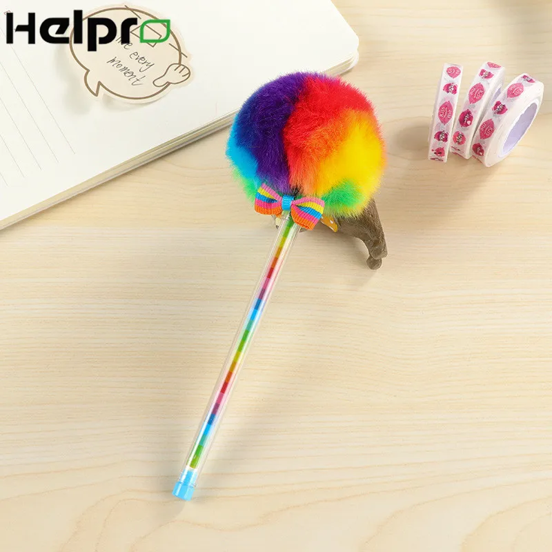 

Helpro 1Pcs Cute Rainbow Color Plush Gel Pen Kawaii Signing Pen Office School Stationery Supplies 0.5 mm Writing Tools Black Ink