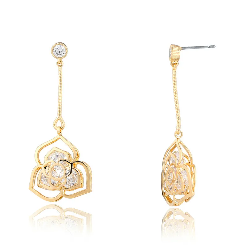 

Yellow Gold Color Filled Cut Out Triangle Plum Crystals Flower Drop Dangle Earrings For Women Girls Jewelry Aros Aretes kolczyki