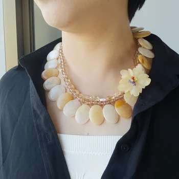 

Lii Ji Natural Yellow Citrine Crystal with Jade Flower 3 Rows Necklace with Shell Toggle Clasp 48cm