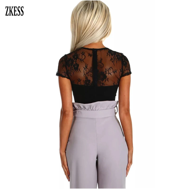 ZKESS Body Dentelle 2019 Summer Womens Body Suits Black Lace Short Sleeve Bodysuit Mono Corto LC32241 Combinaison Short Sleeve