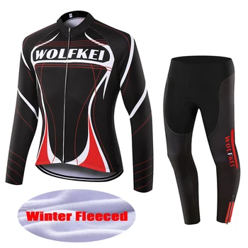 

WOLFKEI black-red-white Winter Thermal Fleece Cycling Jersey outdoor long tights set bike Clothing Maillot Ropa Ciclismo#WK2572