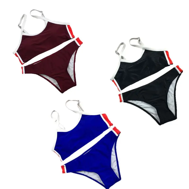 

Womens Athletic Bikini Set Solid Color Vertical Stripes Patchwork Side Workout Sport Swimsuit Quick Dry Training Bathing Suit