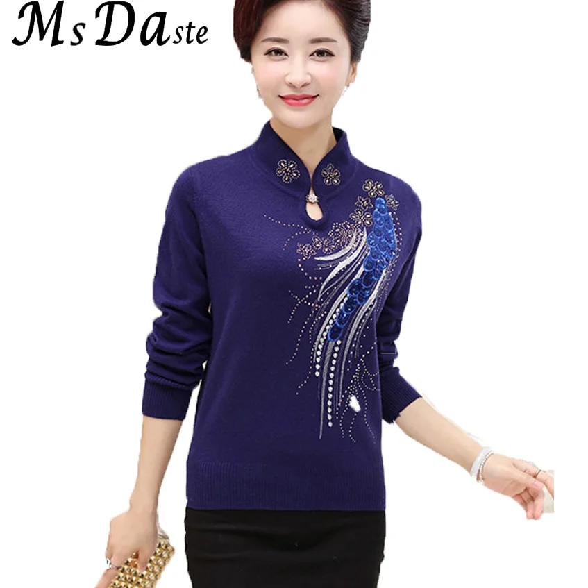 

2019 Winter Women Sweater Turtleneck Vintage Embroidery Paillette Lady Pullovers Elegant Pull Femme Blue Lavender Khaki XL~4XL