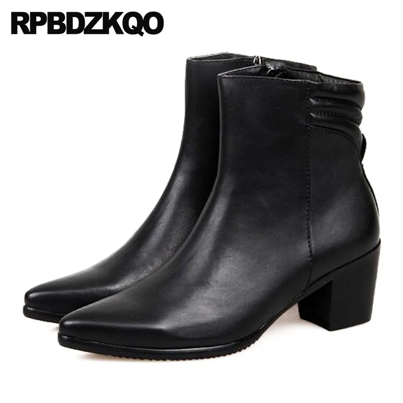 Genuine Leather Short Designer Blue Ankle Full Grain Pointed Toe Real Fashion Zipper Mens High Heel Boots Autumn Black Shoes | Обувь
