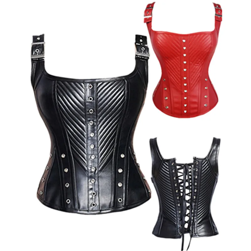 2016 Black halter faux leather steampunk corset tight lacing overbust ...