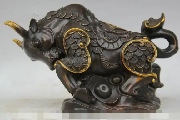 

S5466 11 Old Chinese Bronze Feng Shui Zodiac Year Bull Oxen Wealth Strong Fu Statue