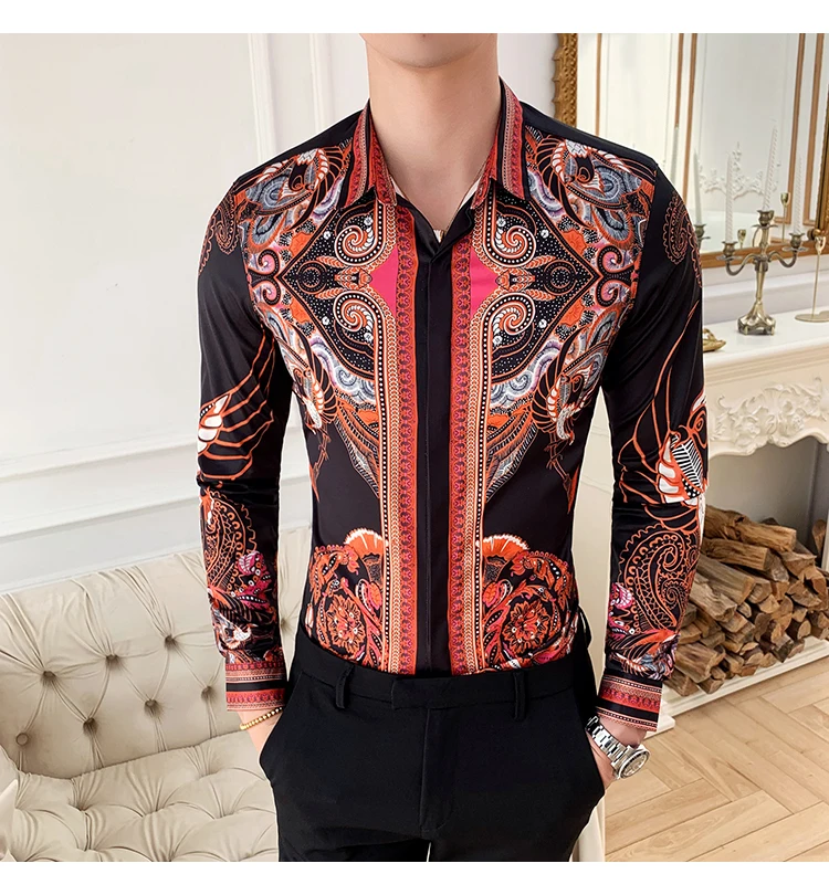 Корейские модные новые Клубные рубашки Camisa с принтом, мужские повседневные Атласные Рубашки, дизайнерская мужская футболка с цветами