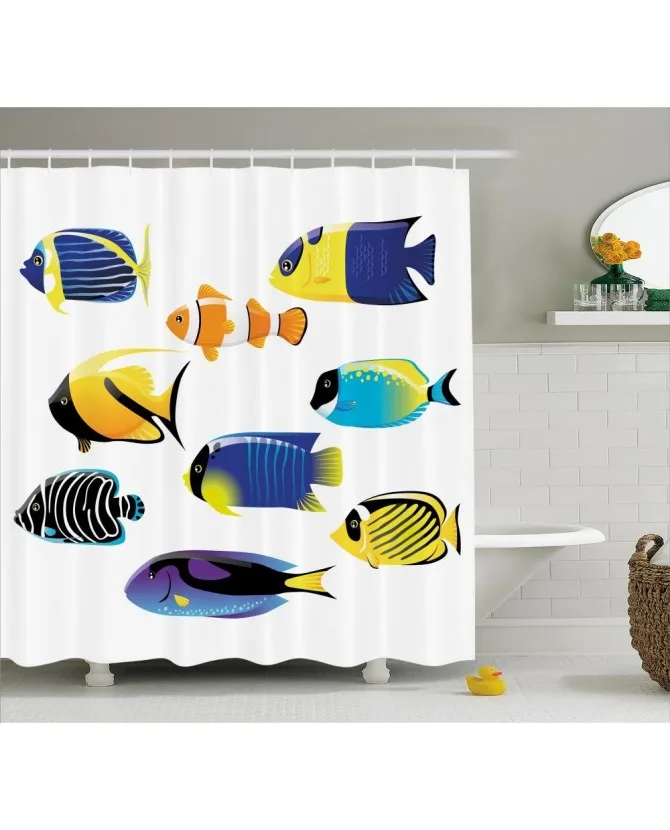 Fish Shower Curtain Collage Of Sea Animals Print For Bathroom Waterproof And mildew resistant Set Hooks | Дом и сад