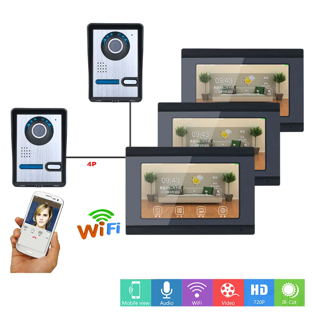 cheap 7 inch 3 Monitors Wired Wireless Wifi Video Door Phone Doorbell Intercom System with 2 X IR CUT HD 1000TVL Wired Camera Night V