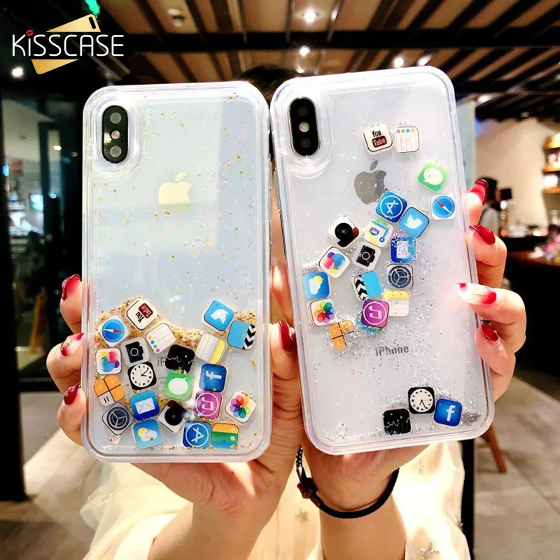KISSCASE Transparent Quicksand Case For iPhone X XR XS Max Dynamic Liquid Hard PC Clear Cases 7 8 6 6S Plus APPS ICON |