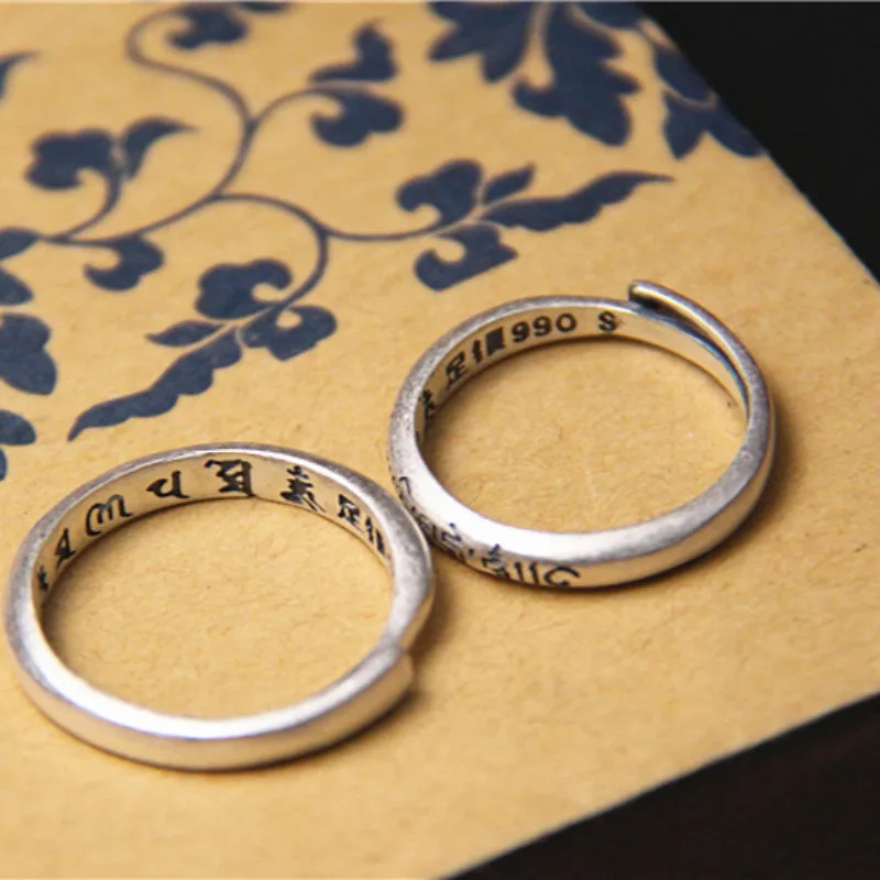 

Men's 999 Sterling Silver Buddhism Spinner Band Ring Fashion Antique Silver Om mani padme hum Finger Ring Jewelry