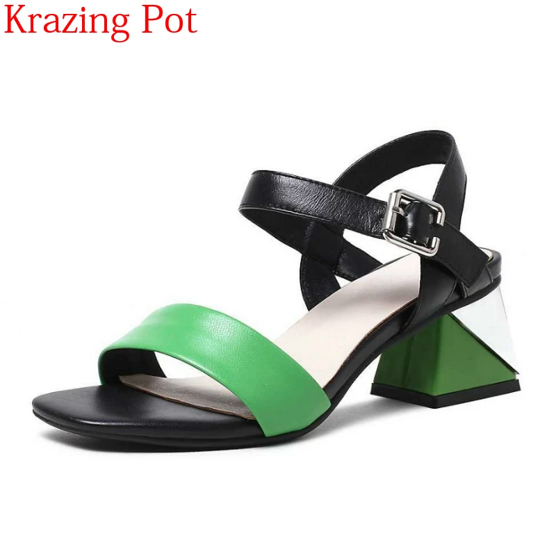 

2018 New Arrival Genuine Leather Original Design Mixed Colors Peep Toe Square Heel Sandals Preppy Style High Heels Shoes L8f4