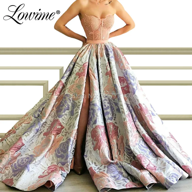 Floral Pattern Pink A Line Evening Dresses High Split Side Party Gown 2019 New Arrival Arabic Prom Dress Abiye Robe De Soiree | Свадьбы и