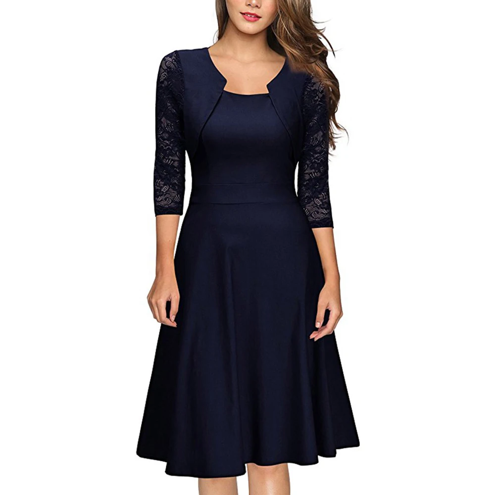 

Modest Formal Office Women Dress Square Collar Cocktail Elegant Swing Autumn Dress 2018 Floral Lace Sleeve Burgundy Midi Robe