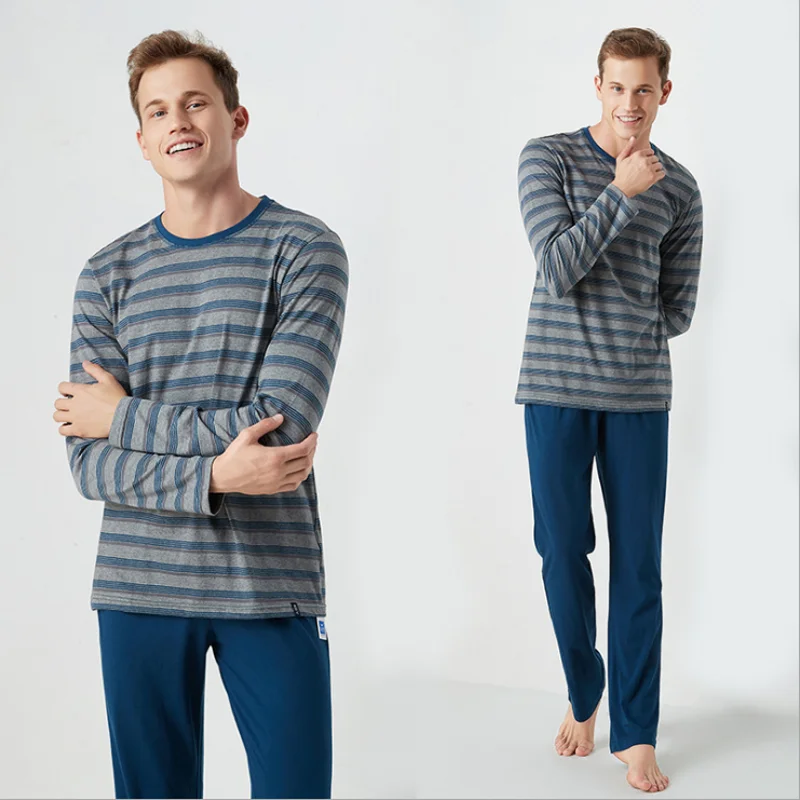 

2019 Spring Men Causal Striped Pajama sets Male 100% Cotton Sleepwear suit Men's Long Sleeve O-neck collar t shirt +pants XXL
