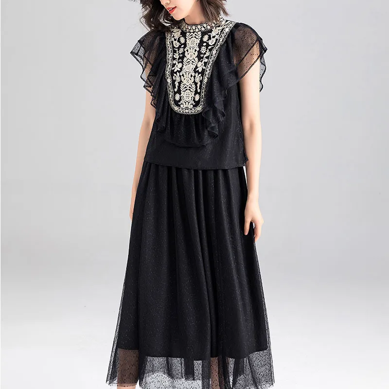 

Top Grade Designer Clothing Sets 2019 Summer Fashion Skirt Suit Women Lux Embroidery Tops Blouse+Ankle Length Long Maxi Skirt