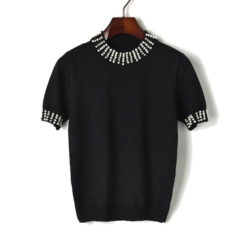 

New 2019 Summer Runway t shirt Women Harajuku Turtleneck Knitted Beading Tee Shirt Casual T-shirt blusas Female camiseta mujer