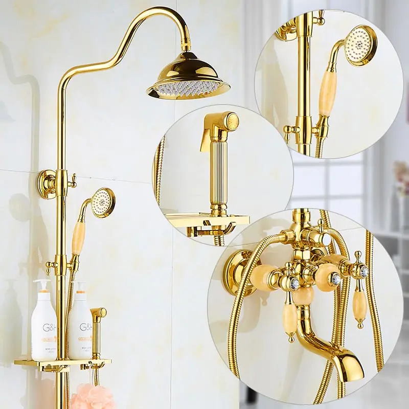 

Brass and Jade Shower Faucet Luxury Brass Rain Shower Set Wall Mount Gold Bathroom Faucet With Slide Bar Bathtub Faucet bidet