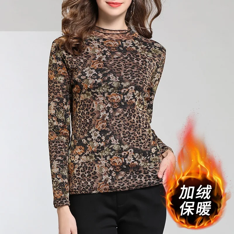 Бархатные базовые толстые Топы зимние цветочные кружева плюс размер женские теплые с длинным рукавом Пуловеры Осенние универсальные Бархатные Топы Футболка