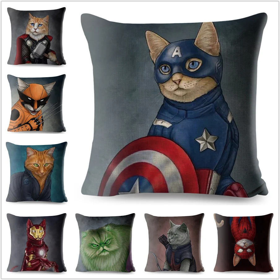 

Cat Super Heros Pillow Case Cartoon Linen 45*45 Cushion Cover for Sofa Home Decorative Printed Throw Pillowcase