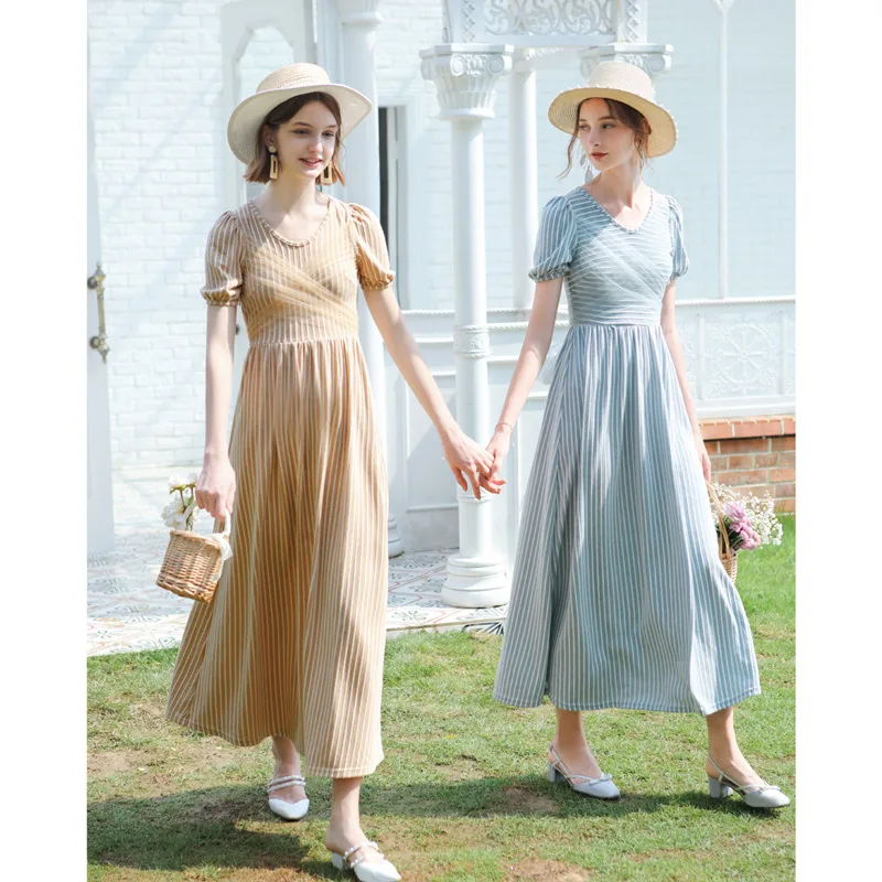 

2019 Women Summer French Vintage Elegant Slim Striped Long Dress Ladies Retro Casual Mesh Knitting Patchwork Blue Dresses