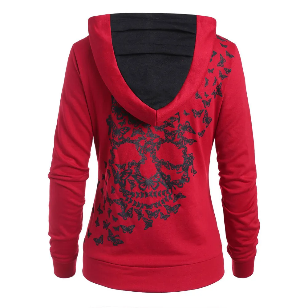 Winter New Fashion Butterflies Skull Print Hoodie Kangaroo Pocket Hooded Sweatshirtwomen Hoodies Sweatshirts outwear - Цвет: Red