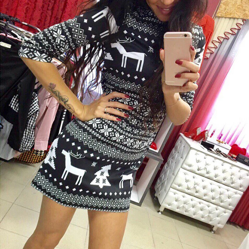 

New Women Autumn Mini Dress Thin Christmas Print Santa Reindeer Tree Snowflake Casual Xmas Dress Fashion Bodycon Club Dress