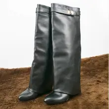 Sestito/Лидер продаж г. женские модные сапоги до колена на танкетке, увеличивающие рост, без шнуровки Женская поперечная полоса, высокие сапоги с острым носком