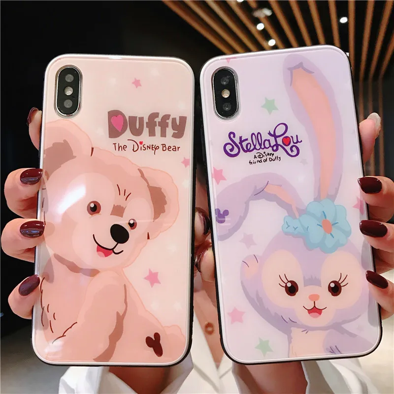 Cartoon Duffy Bear Stellalou high quality Toughened glass Case For iPhone 6 7 8plus XSMax XR 11 11pro skid resistance Phone case |