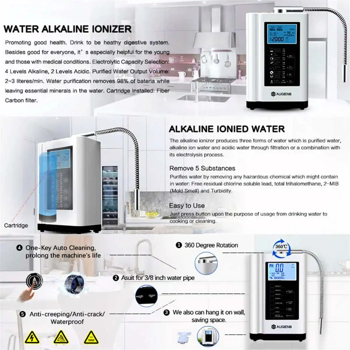 AUGIENB ЖК-ионизатор воды очиститель MachinePH 3,5-10,5 Щелочная кислота 5 настроек воды 12000 литров авто-Очистка фильтр для воды