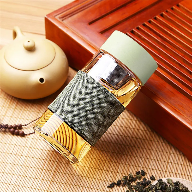 

Glass Water Bottle With Tea Infuser Double Wall Glass Portable Travel Coffee Tumbler Bottles Drinkware for Car Office 400ML