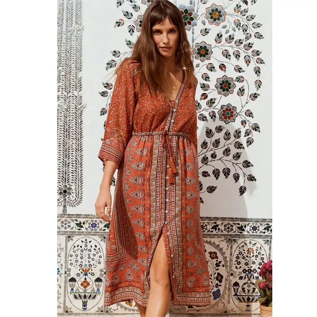 

Jastie Floral Print Maxi Dress Lace up Waist Casual Dresses Spring 3/4 Sleeve V-neck Dresses Women Vestido Boho Chic Beach Dress