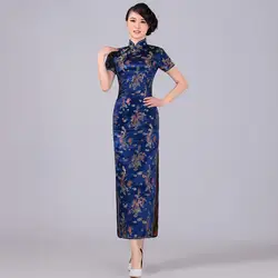 Темно-синий китайское традиционное платье Для Женщин Атлас Qipao Дракон Phenix Длинные Cheongsam Плюс Размеры размеры s m l xl XXL, XXXL 4XL 5XL 6XL LF-04