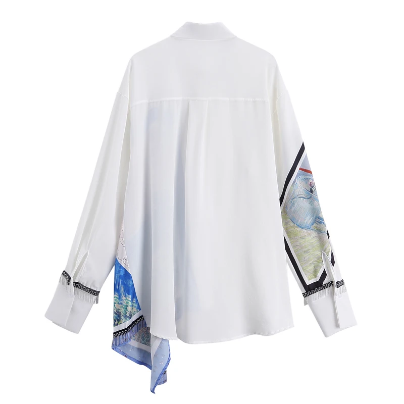  [EAM] 2020 New Autumn Winter Lapel Long Sleeve White Irregular Pattern Printed Big Size Shirt Women
