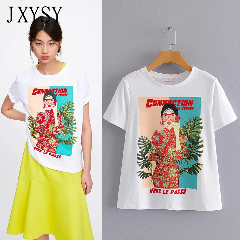 

JXYSY 2019 t-shirt women england style Cartoon Printing cotton short woven t shirt women tops