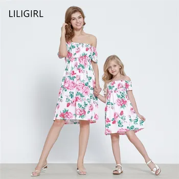 

LILIGIRL Off Shoulder Woman Kids Dresses for Girls Mother Daughter Floral Print Dress 2019 Summer Family Matching Beach Clothes