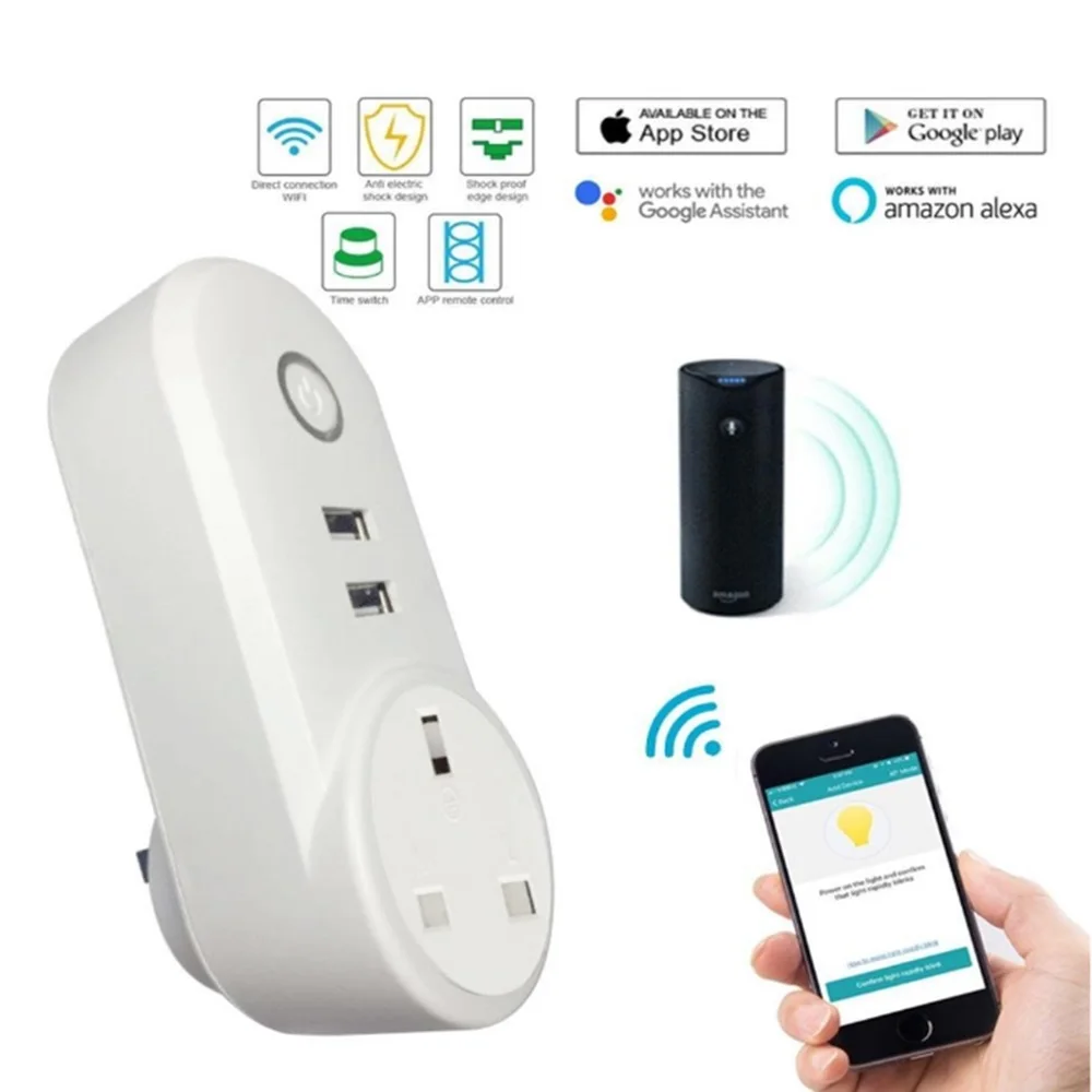 

UK Smart Plug with Dual USB Ports 10A Home Automation Wifi Socket Voice Control Work with Alexa IFTTT Google home