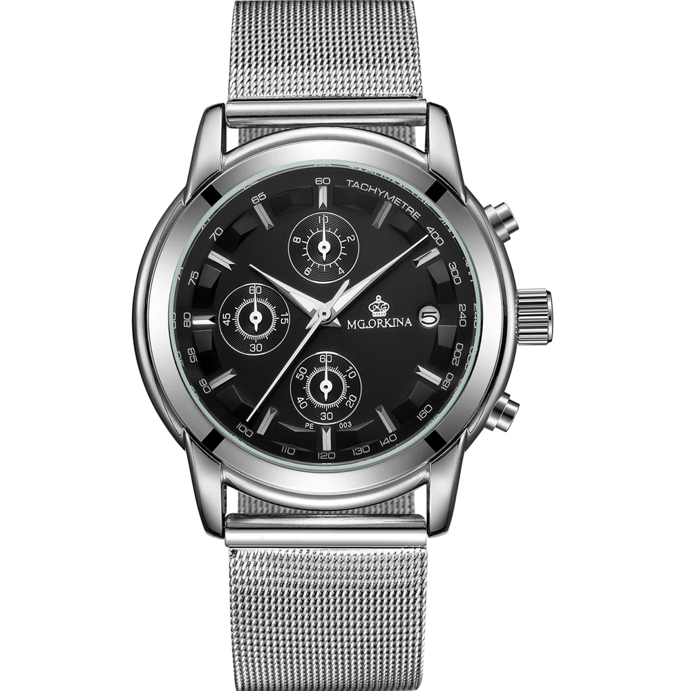 

Men's Orkina Chronograph Watches Quartz Battery Three Sub-dial Display Mesh Stainless Steel Wrist Watch relogio masculino 2019