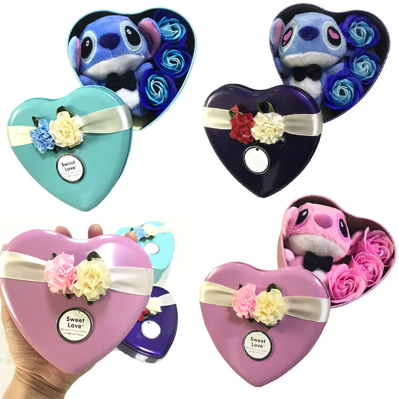 

Handmade Kawaii Stitch Plush Toy with Soap Flowers Heart Shape Gift Box Creative Valentine's Birthday Marriage Graduation Gifts