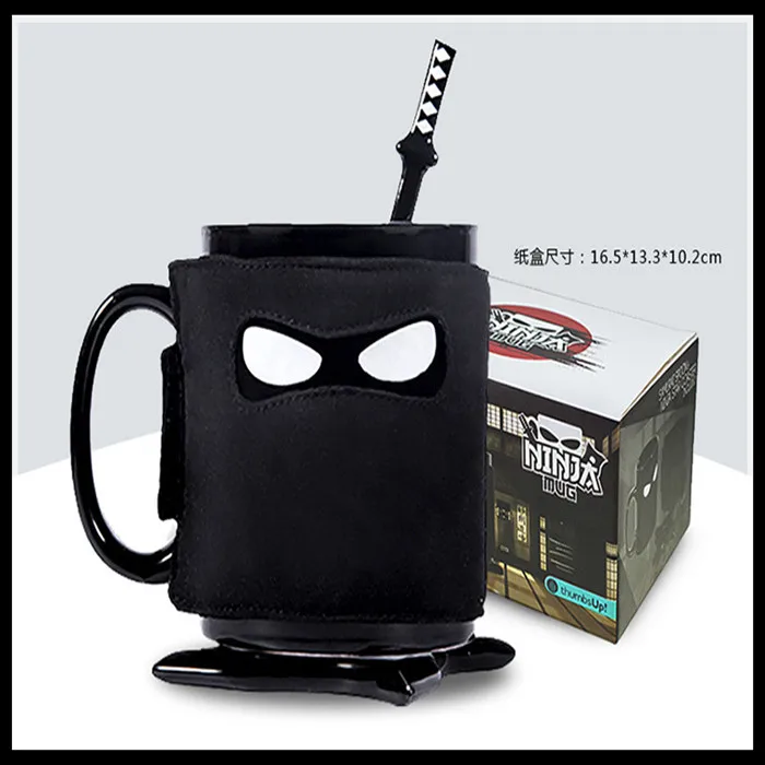 Free Shipping Silent Assassins Ceramic Ninja Black Mask Coffee Bottle with a Sword Spoon Shuriken Coasters