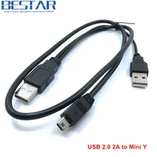 USB2.0 USB 2.0 double A Type 2A Male to Mini 5 Pin Male Y Cable 0.7m 70cm 2ft For 2.5″ Mobile Hard Disk Drive HDD