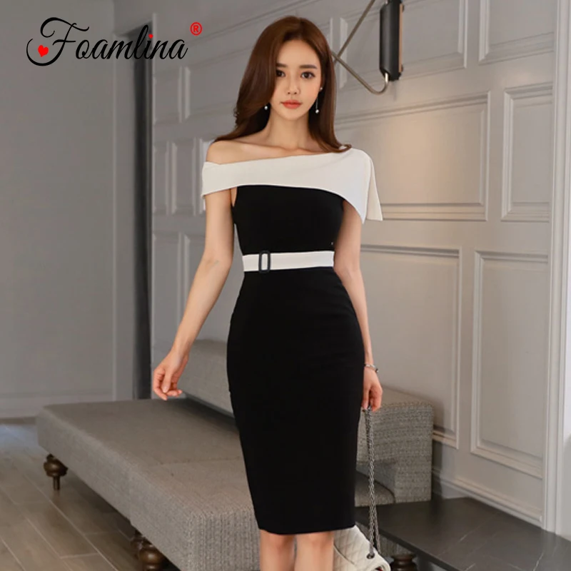 

Foamlina Sexy Slash Neck Off Shoulder Bodycon Dress 2018 Women Elegant Patchwork Pencil Dress Slim Fit Evening Party Midi Dress